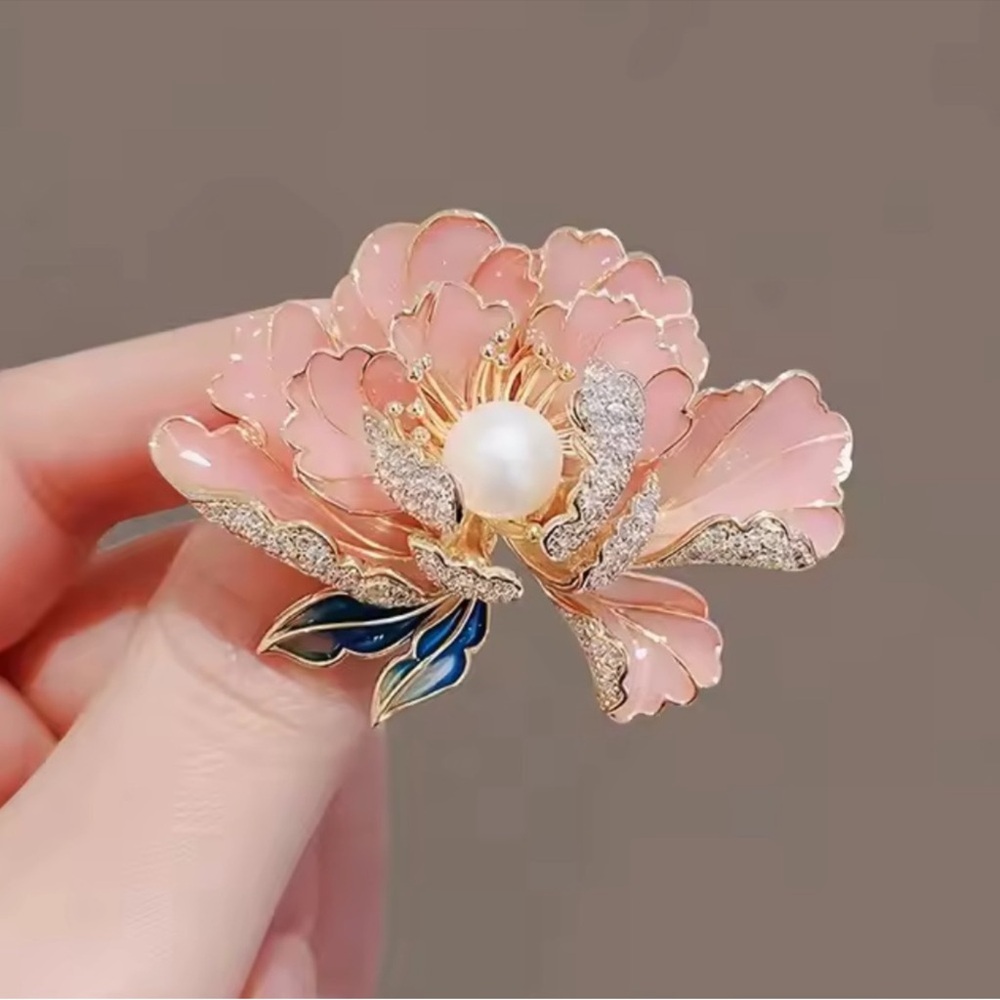 Pink Enamel Floral Pearl Brooch with Gold-Tone Accents